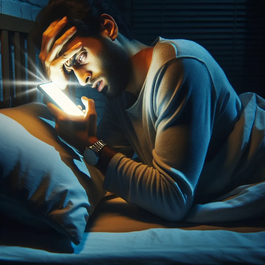 "Tips untuk Mengatasi Susah Tidur Malam Akibat Penggunaan HP - Ilustrasi seseorang yang menggunakan ponsel di malam hari, terlihat lelah dan kesulitan untuk tidur."